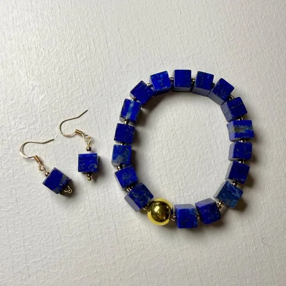 Modern Lapis Lazuli Cube Bracelet + Earrings Set - Picture 8 of 9